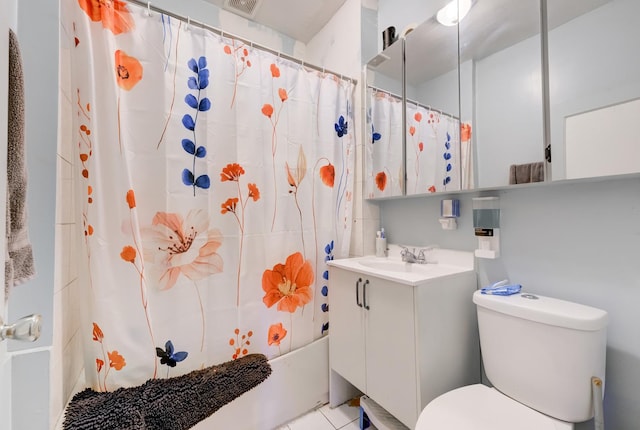 bathroom featuring vanity, a shower with shower curtain, toilet, and tile patterned floors