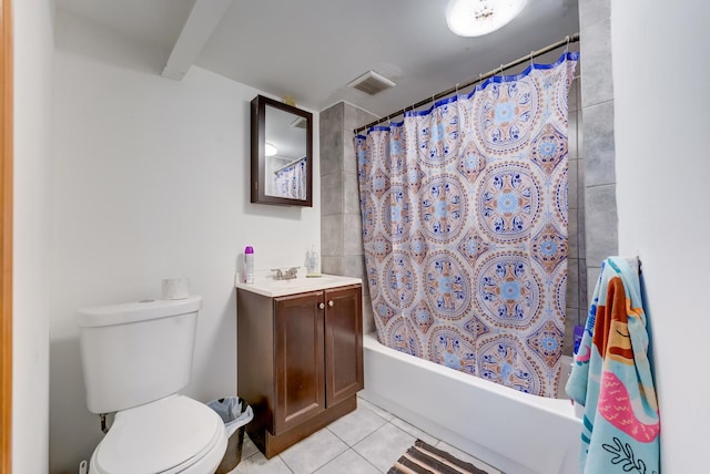 bathroom with tile patterned floors, visible vents, shower / tub combo with curtain, toilet, and vanity