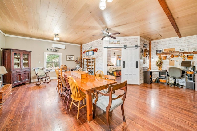 dining space with a wall mounted air conditioner, hardwood / wood-style flooring, brick wall, crown molding, and wood ceiling