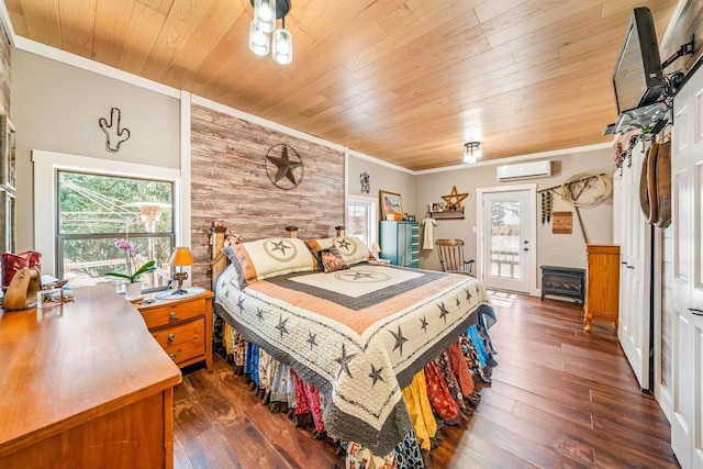 bedroom with dark wood-style floors, ornamental molding, wood ceiling, and a wall mounted AC