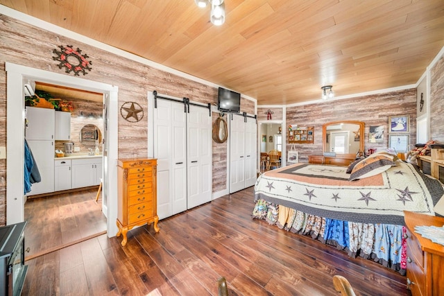 bedroom featuring multiple closets, a barn door, arched walkways, wooden ceiling, and dark wood-style flooring