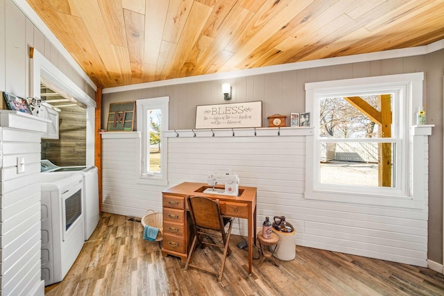 laundry area with light wood finished floors, laundry area, washer and dryer, and wood ceiling