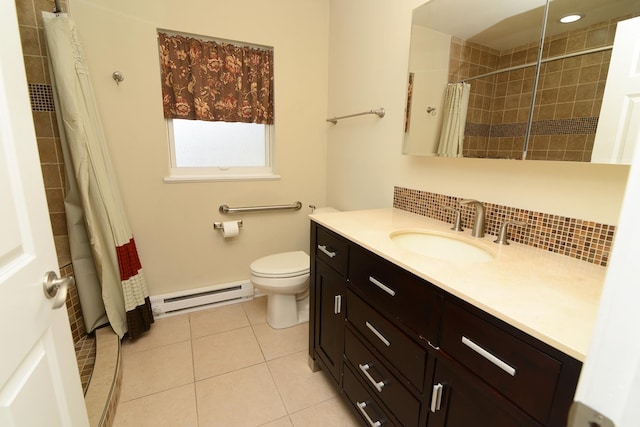 bathroom featuring a tile shower, tile patterned flooring, baseboard heating, toilet, and backsplash