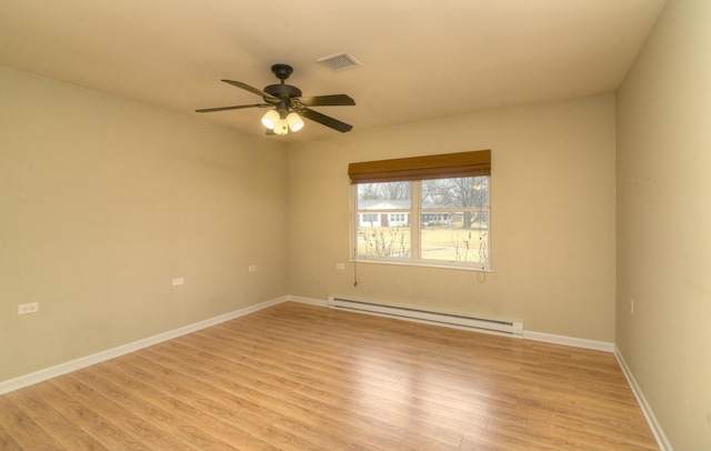 empty room with a ceiling fan, baseboards, visible vents, light wood finished floors, and a baseboard radiator