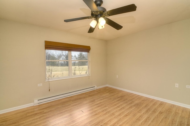 spare room featuring light wood finished floors, a ceiling fan, baseboards, and a baseboard radiator