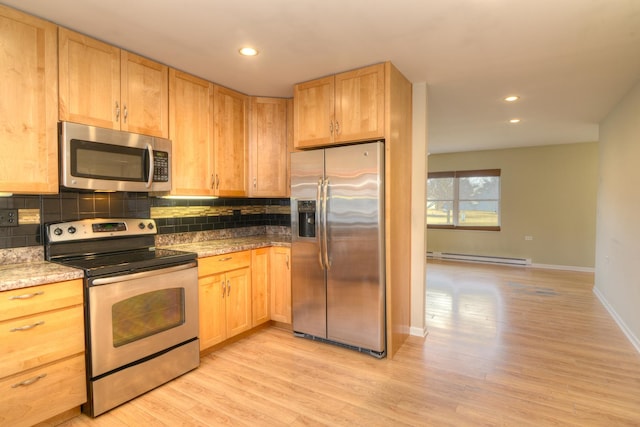 kitchen with light wood-style flooring, backsplash, appliances with stainless steel finishes, and a baseboard heating unit