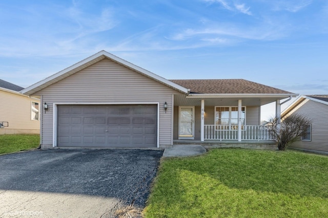 ranch-style house with a front lawn, driveway, a porch, a shingled roof, and a garage