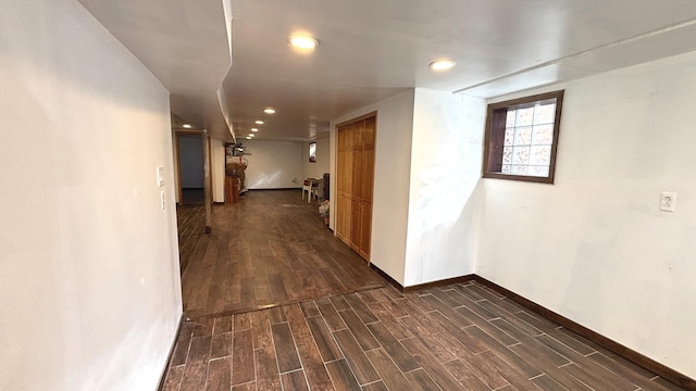 hall with recessed lighting, baseboards, and wood finish floors