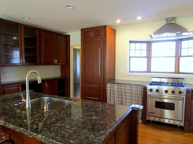 kitchen featuring wood finished floors, a sink, glass insert cabinets, wall chimney exhaust hood, and designer range