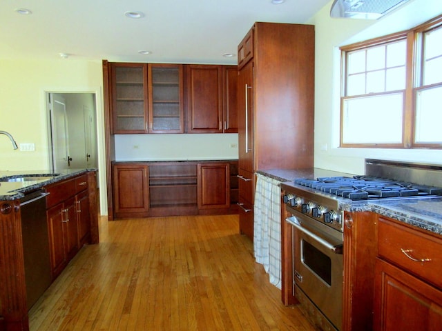 kitchen with light wood finished floors, dark stone counters, a sink, stainless steel appliances, and glass insert cabinets