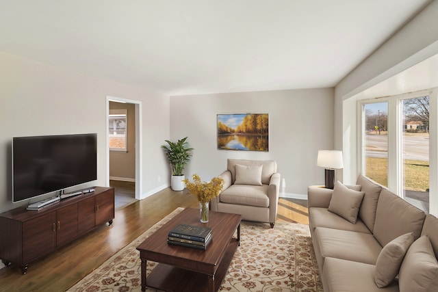 living room featuring plenty of natural light, baseboards, and wood finished floors