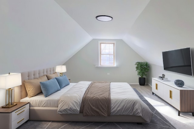 bedroom featuring vaulted ceiling and light colored carpet