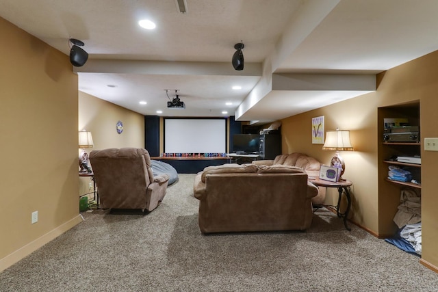 carpeted cinema featuring recessed lighting and baseboards