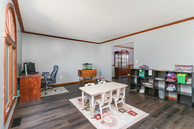 office featuring visible vents, baseboards, ornamental molding, and dark wood-style flooring