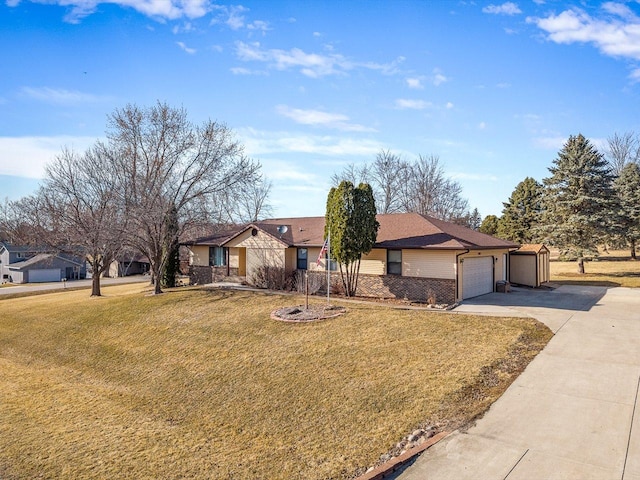 ranch-style home with brick siding, driveway, a front lawn, and a garage