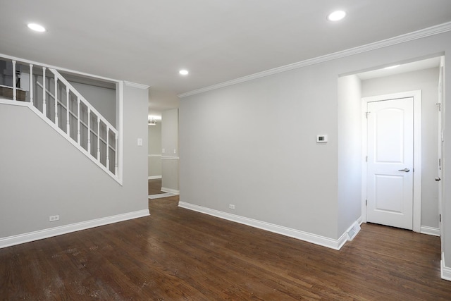 interior space with stairway, baseboards, recessed lighting, dark wood-style flooring, and ornamental molding