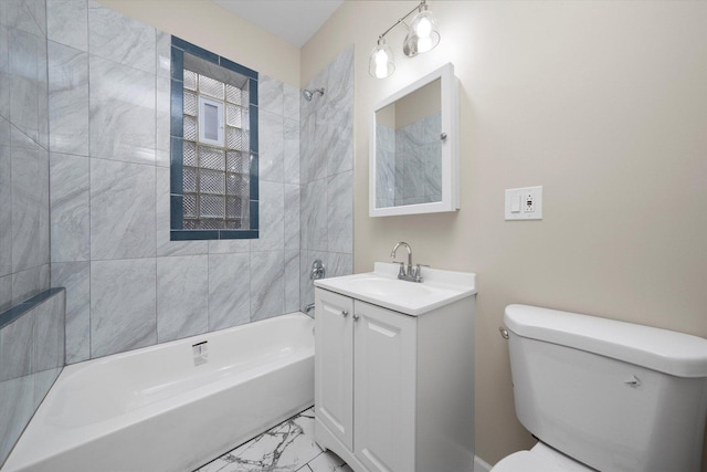 full bathroom with marble finish floor, toilet, vanity, and  shower combination