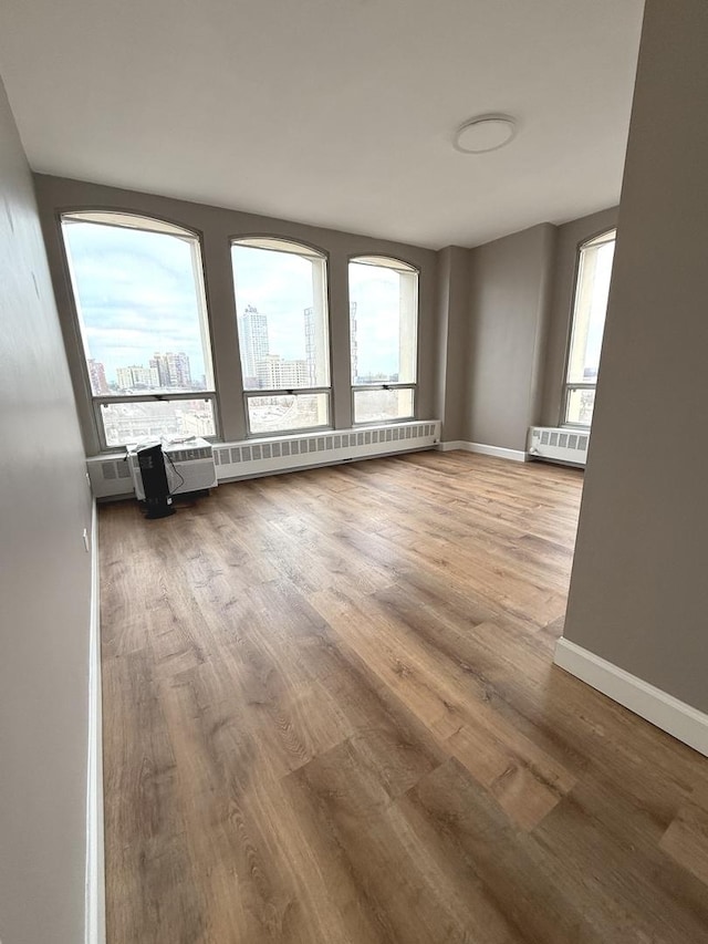 spare room with a city view, wood finished floors, and a wealth of natural light