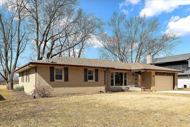 ranch-style house with a garage, driveway, brick siding, and a chimney