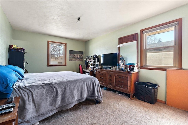 bedroom with multiple windows, light colored carpet, and a textured ceiling