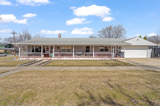 ranch-style home with a front yard, roof with shingles, a porch, an attached garage, and concrete driveway