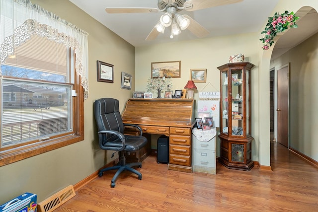 office area with visible vents, baseboards, ceiling fan, and light wood finished floors