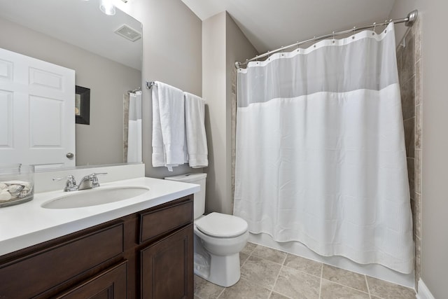 bathroom featuring tile patterned floors, visible vents, shower / bathtub combination with curtain, toilet, and vanity