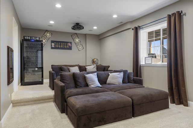 home theater room with recessed lighting, baseboards, and carpet floors