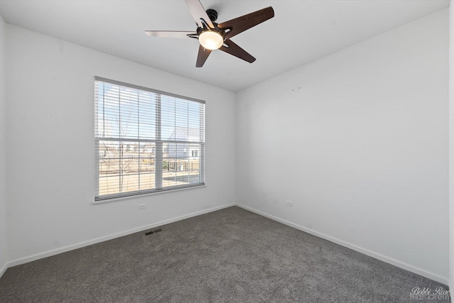 empty room with visible vents, baseboards, a ceiling fan, and dark carpet