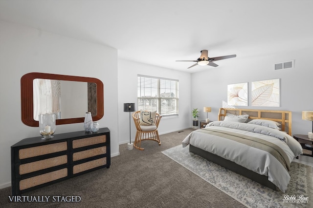 bedroom featuring visible vents, baseboards, ceiling fan, and carpet flooring