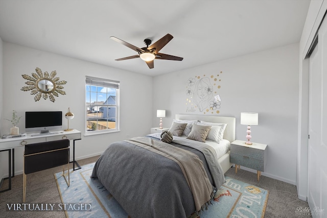 carpeted bedroom featuring baseboards, a closet, and ceiling fan