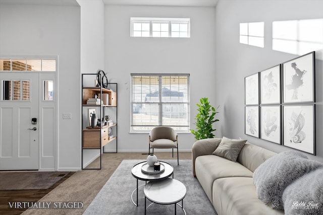 living room featuring a high ceiling, carpet, and baseboards