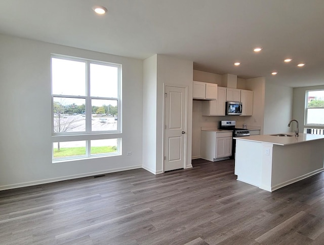 kitchen featuring baseboards, dark wood finished floors, recessed lighting, a sink, and appliances with stainless steel finishes