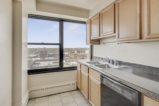 kitchen with light brown cabinets, light tile patterned flooring, a sink, black dishwasher, and a baseboard heating unit