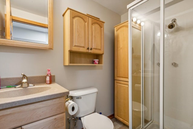 bathroom featuring vanity, toilet, and a shower stall