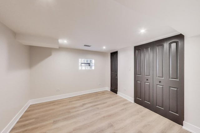 interior space featuring visible vents, recessed lighting, light wood-style floors, and baseboards