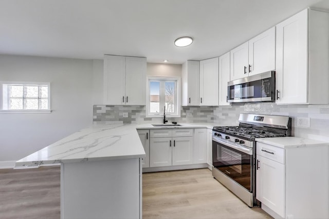 kitchen with tasteful backsplash, appliances with stainless steel finishes, a peninsula, white cabinets, and a sink