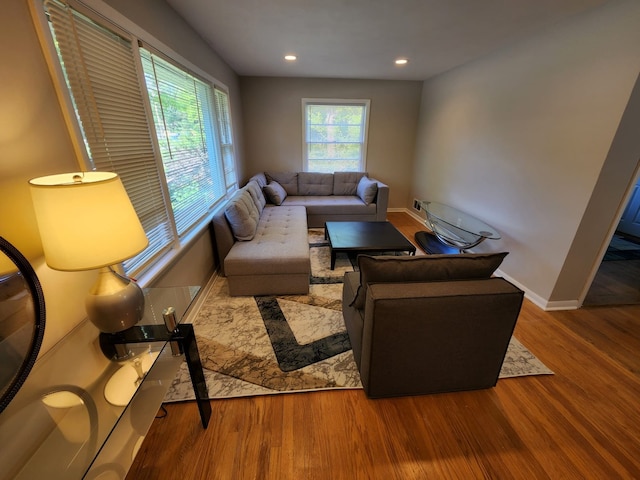 living area with recessed lighting, baseboards, and wood finished floors