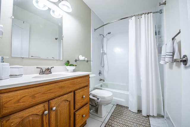 full bath featuring vanity, toilet, tile patterned flooring, and shower / tub combo with curtain