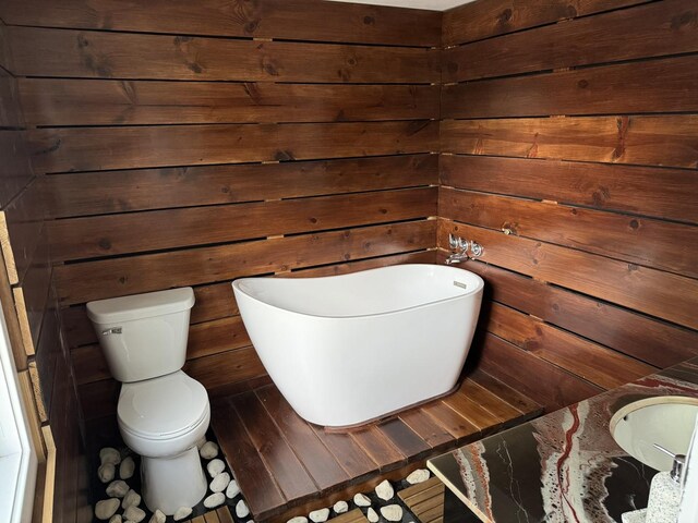 bathroom with a sink, toilet, and a soaking tub