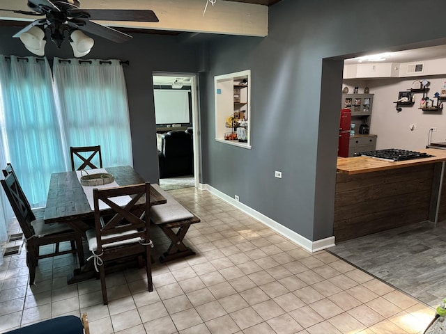 dining room featuring baseboards, visible vents, and ceiling fan