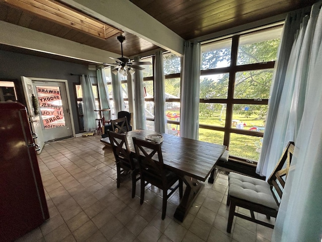 sunroom with a ceiling fan, beam ceiling, and wood ceiling