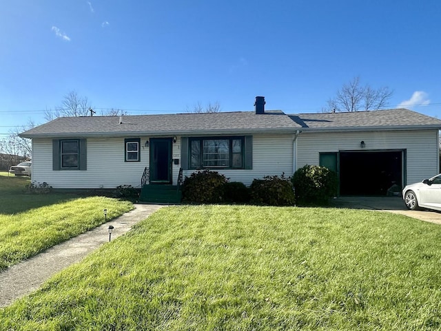 ranch-style home featuring driveway, a front yard, an attached garage, and a shingled roof