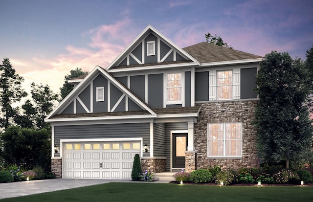 view of front facade with a garage, stone siding, roof with shingles, and driveway