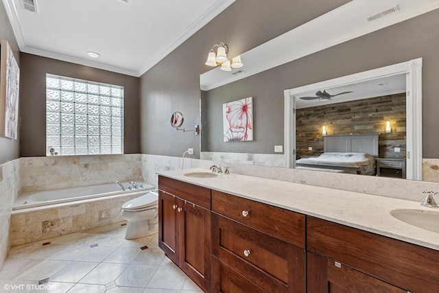 ensuite bathroom with tile patterned flooring, crown molding, double vanity, and visible vents