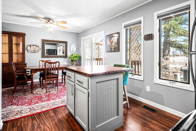 kitchen featuring visible vents, a textured ceiling, dark wood finished floors, butcher block counters, and baseboards