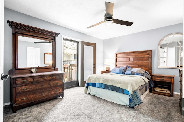 carpeted bedroom featuring a ceiling fan and access to outside