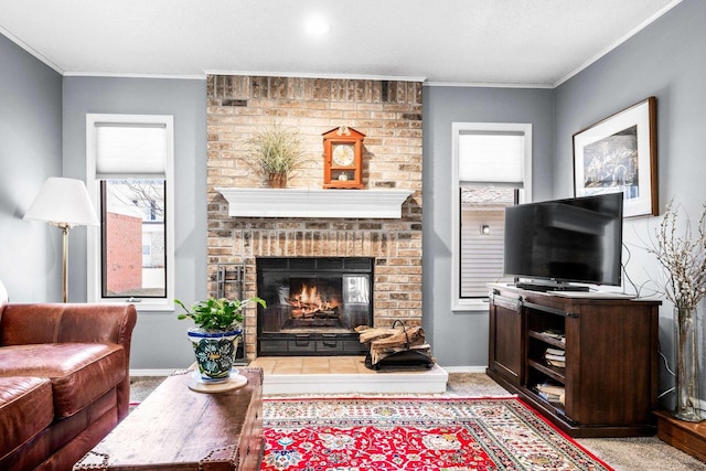 living area with light carpet, a fireplace, crown molding, and baseboards