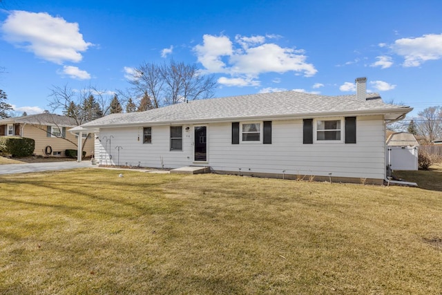 single story home featuring a front lawn, roof with shingles, and a chimney