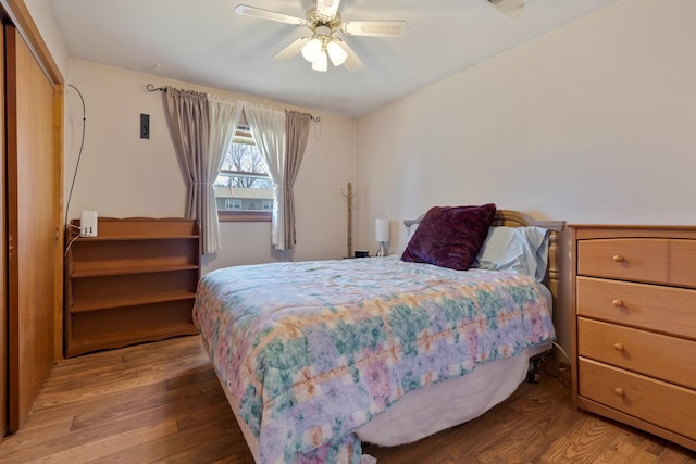 bedroom featuring wood finished floors and a ceiling fan